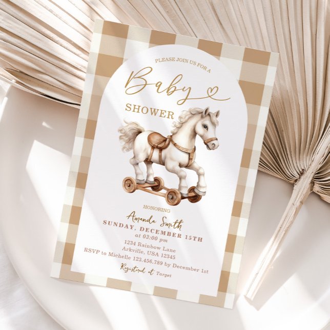 Beige Rocking Horse Brown Gingham Arch Baby Dusche Einladung (Von Creator hochgeladen)