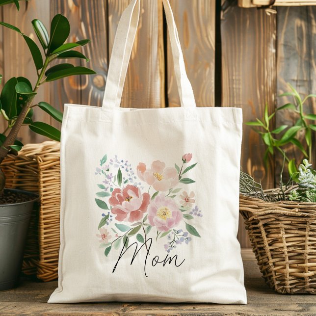 Beige Rosa Blumenmütter Tag Witty Caption Tragetasche (watercolor pink beige floral mothers day tote bag, gift for mom)