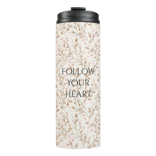 Beige Rosafarbenes Blumenmuster Thermosbecher (Vorderseite)