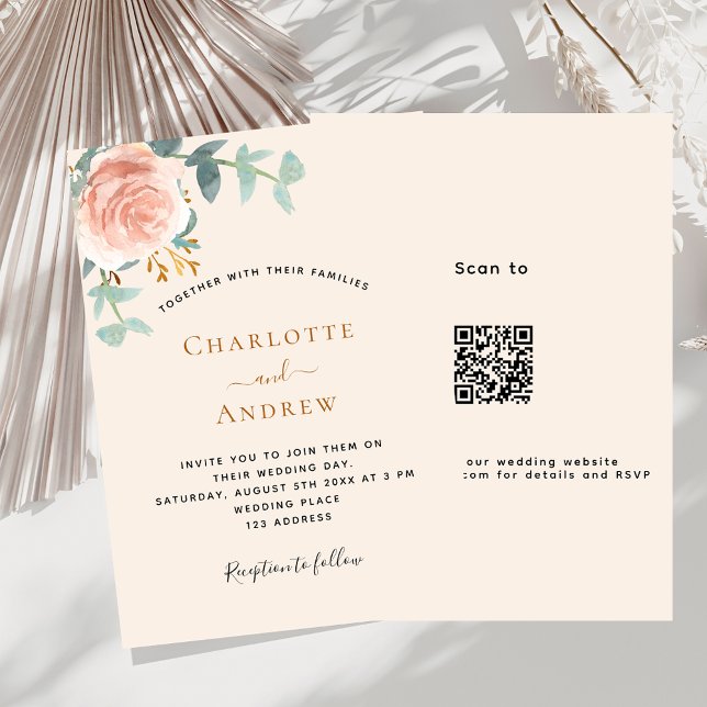 Beige Rose Gold floral QR Code UAWG Luxus Hochzeit Einladung (Von Creator hochgeladen)
