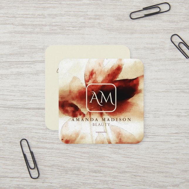 Beige Rose Gold Mit Monogramm Social Media Blumeng Quadratische Visitenkarte (Vorderseite/Rückseite Beispiel)