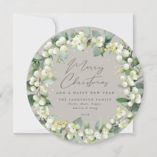 Beige Round Snowberry+Eukalyptus Weihnachtsfeier Feiertagskarte