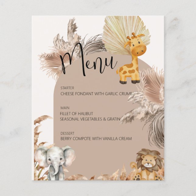Beige Safari Thema Jungle Animals Kindermenü Party (Vorderseite)