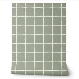 Beige-Sage-Grün kariertes Skandi-Minimalist-Gitter Tapete