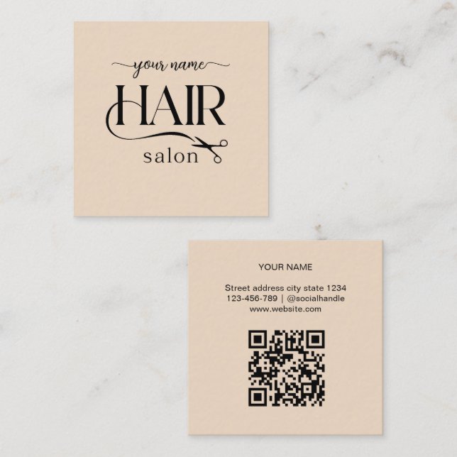 Beige-Schere-Script-Frisiersalon-Qr-Code Quadratische Visitenkarte (Vorne/Hinten)