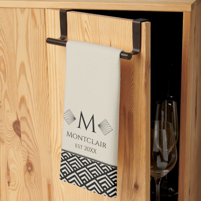 Beige Schwarz Art Deco Japanischer Lüfter Custom M Geschirrtuch (Drittel gefaltet)