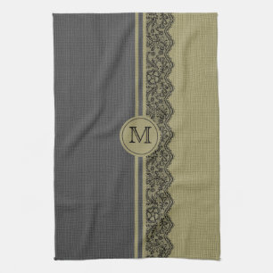 Beige & Schwarz Natur Leinen & Schwarze Spitze Geschirrtuch