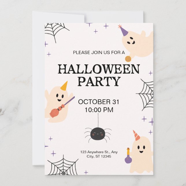 Beige Schwarz Orange spielerisches Halloween-Party Einladung (Vorderseite)