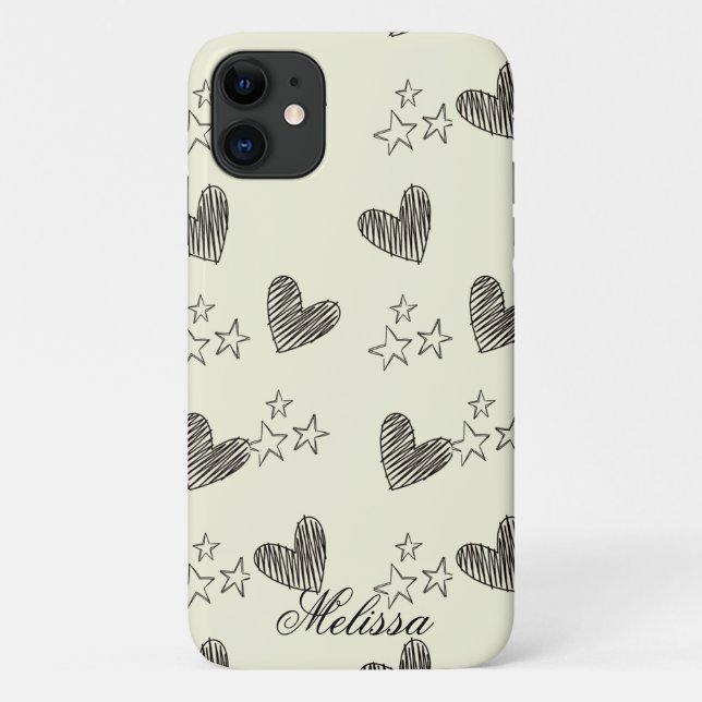 Beige Schwarz-Weiß-Minimal-Herz-Sternchen-Skript Case-Mate iPhone Hülle (Rückseite)