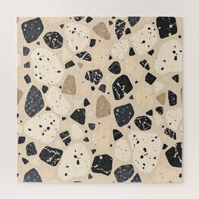 Beige schwarzes Terrazzo-Muster neutrales Abstract (Vertikal)