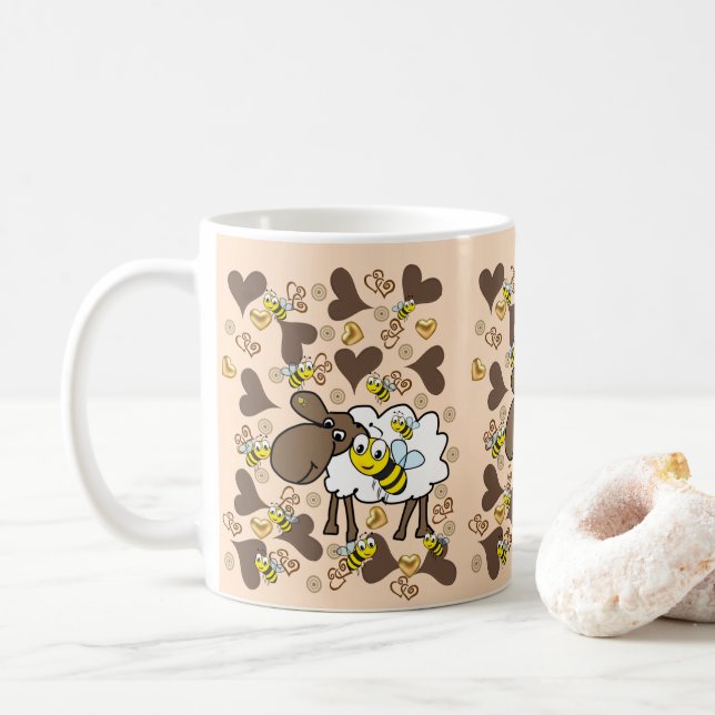 Beige Sheep Brown Hearts Tasse (Mit Donut)