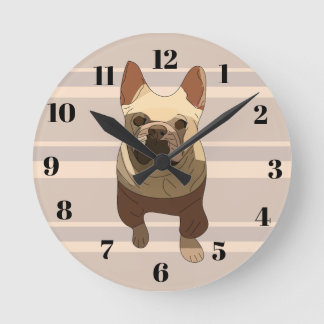 Beige Streifen Französische Bulldogge Runde Wanduhr