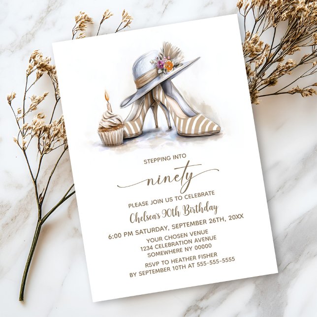 Beige Striped High Heel Shoes 90th Birthday Party Einladung (Von Creator hochgeladen)