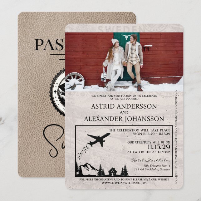 Beige Sweden Passport Wedding Einladung (Vorne/Hinten)