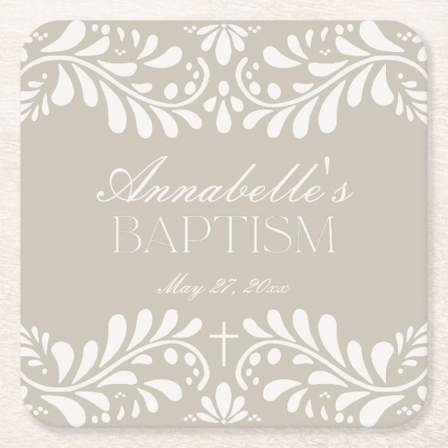 Beige Talavera Tile Spanische Fiesta Taufe Rechteckiger Pappuntersetzer (Vorderseite)