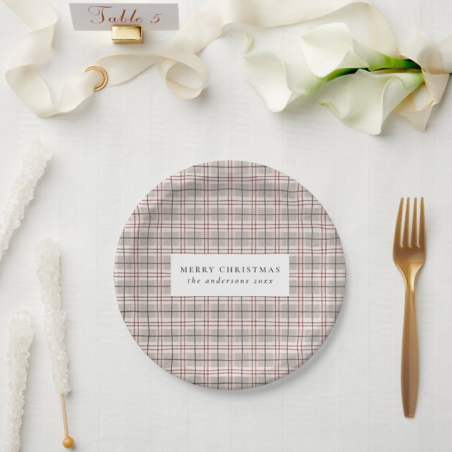 Beige Tartan Kariert Weihnachten Pappteller (Hochzeit)