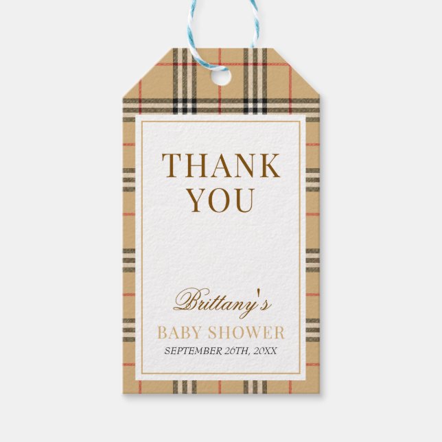 Beige Tartan Karierte Babydusche Geschenkanhänger (Vorderseite)