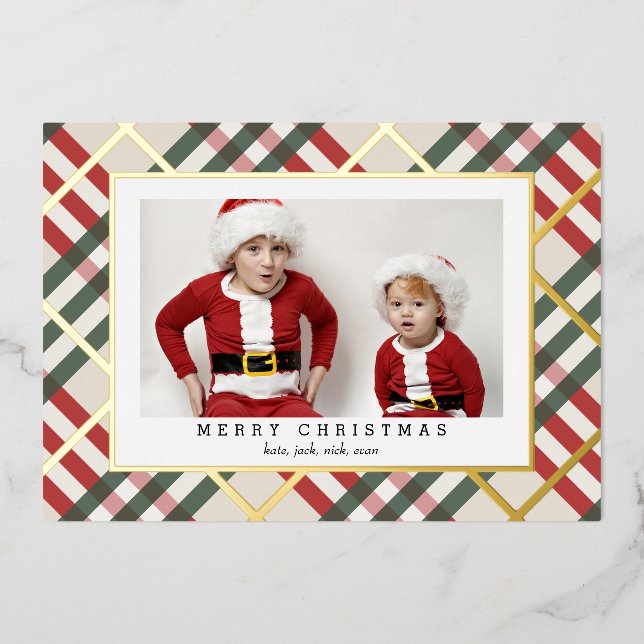 Beige Tartan Karierte Weihnachtskarte Folien Feiertagskarte (Vorderseite)