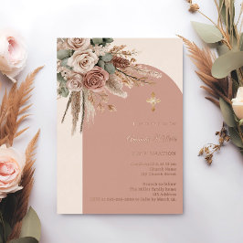 Beige Taupe Elfenbein Rosen Pampas Bogen Konfirmat Folieneinladung