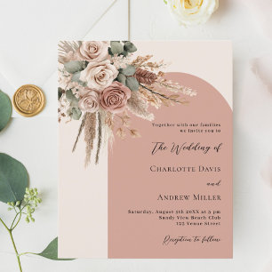 Beige taupe Rosen Pampas Bogen Hochzeitseinladung