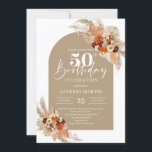 Beige Terrakotta-Granate Einladung<br><div class="desc">Tropisches Boho Boho Boho Pampas Gras Terracotta beige 50. Geburtstag Einladungen, Dieses beeindruckende moderne Design ist perfekt für alle boho oder tropischen Stil Veranstaltungen. Das Design ist in Aquarellfarbe handgemalt Pampas Rasen gemischt getrocknete Palmen Blätter gemischt Terrakotta-Blume und gebrannte beige Rose und gemischt burgundische Blume Rose gemischt Rost erdigen Töne...</div>
