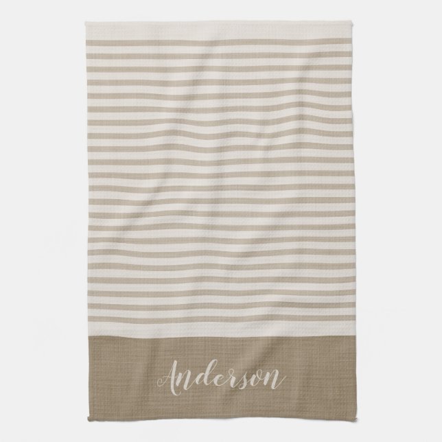 Beige Türkische Streifen Monogram | Bauernhof Küchentuch (Vertikal)