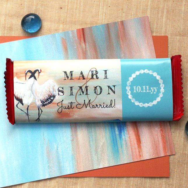 Beige türkise Cranes Wedding Candy Bar Wrapper Flyer (sienna beige cyan turquoise wedding personalized chocolate candy bars wrappers labels just married)