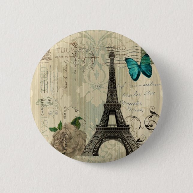 beige Turm Damastschmetterlings-Rose Paris Eiffel Button (Vorderseite)