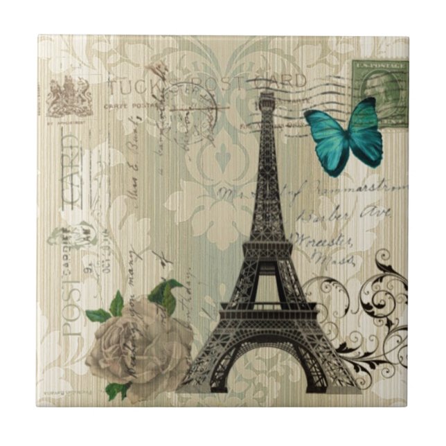beige Turm Damastschmetterlings-Rose Paris Eiffel Fliese (Vorderseite)