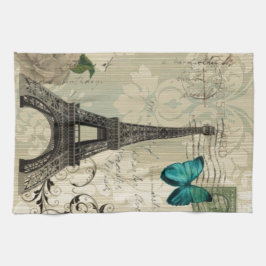 beige Turm Damastschmetterlings-Rose Paris Eiffel Geschirrtuch