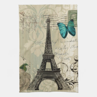 beige Turm Damastschmetterlings-Rose Paris Eiffel Geschirrtuch