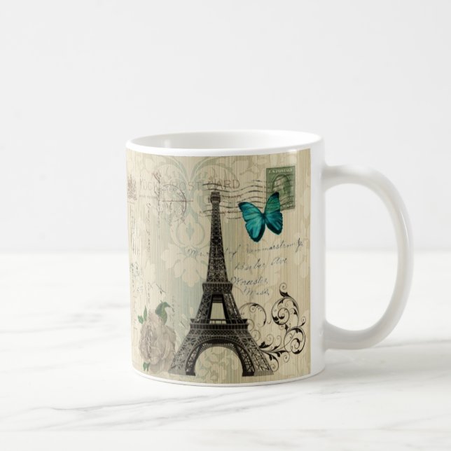 beige Turm Damastschmetterlings-Rose Paris Eiffel Kaffeetasse (Rechts)