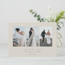 Beige Ultra-Minimal-Dreifach-Foto Hochzeitswohnung Dankeskarte