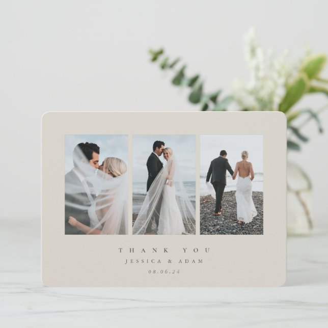 Beige Ultra-Minimal-Dreifach-Foto Hochzeitswohnung Dankeskarte (Stehend Vorderseite)