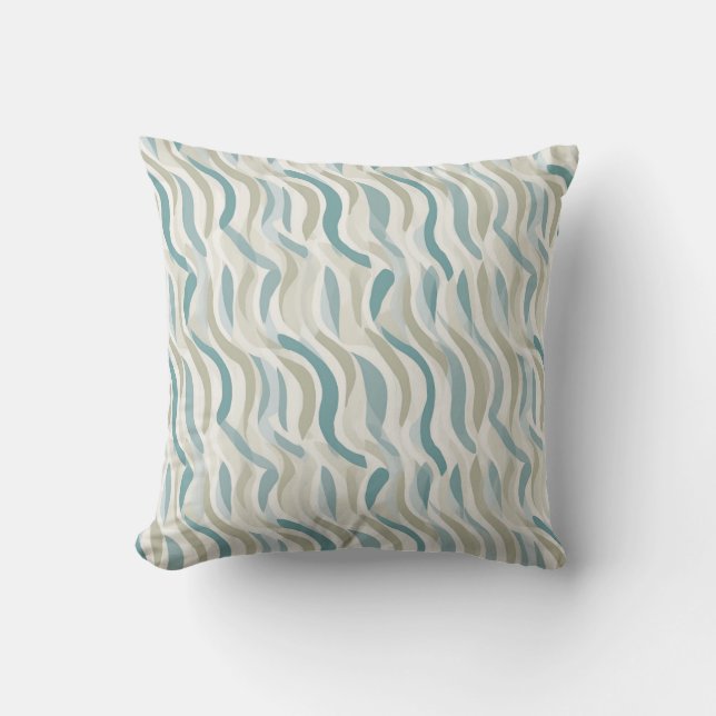 Beige und Aquamarin blaue Abstrakte Wellenmuster Kissen (Vorderseite)