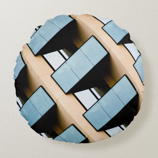 Beige und blaue geometrische Muster Rundes Kissen (Vorderseite)