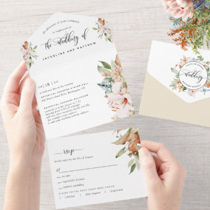 Beige und erdige Blüten Hochzeit Antwortabriss RSV All In One Einladung