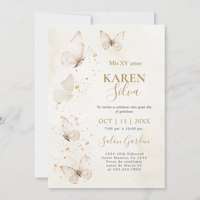 Beige und Gold Schmetterlinge Quinceañera Einladun Einladung (Vorderseite)