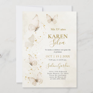 Beige und Gold Schmetterlinge Quinceañera Einladun Einladung