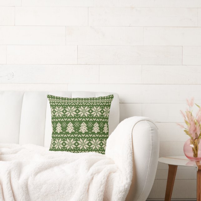 Beige und Green Christmas Sweater Muster Kissen (Liege)
