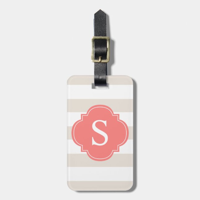 Beige und Koralle Stripes Monogramm Gepäckanhänger (Vorderseite vertikal)