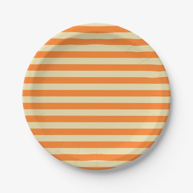 Beige und orangefarbene Streifen Pappteller (Vorderseite)