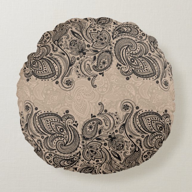 Beige und schwarze Paisley-Spitzen Rundes Kissen (Vorderseite)