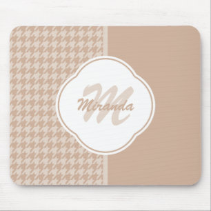 Beige und Tan-Hahnentrittmuster-Monogramm und Name Mousepad