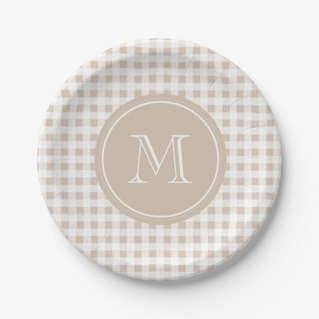 Beige und weißer Gingham, Ihr Monogramm Pappteller (Vorderseite)