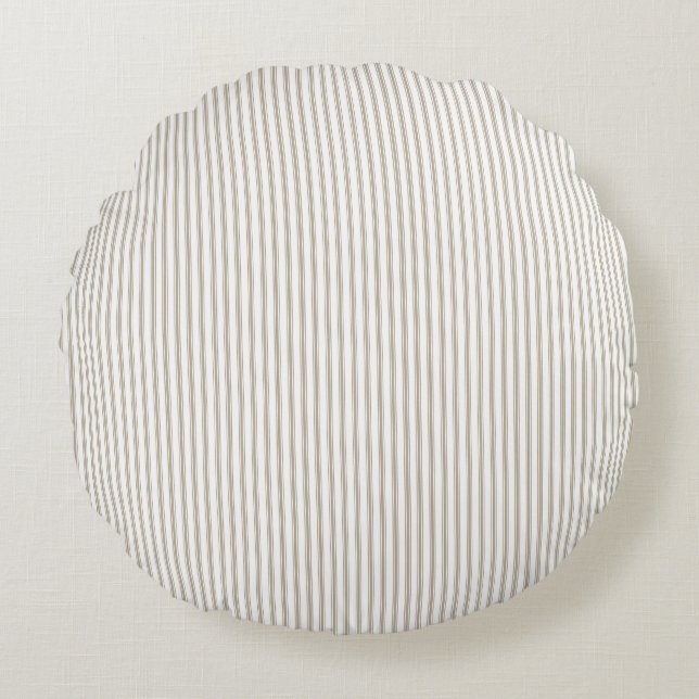 Beige und weißer Ticking-Streifen Rundes Kissen (Vorderseite)