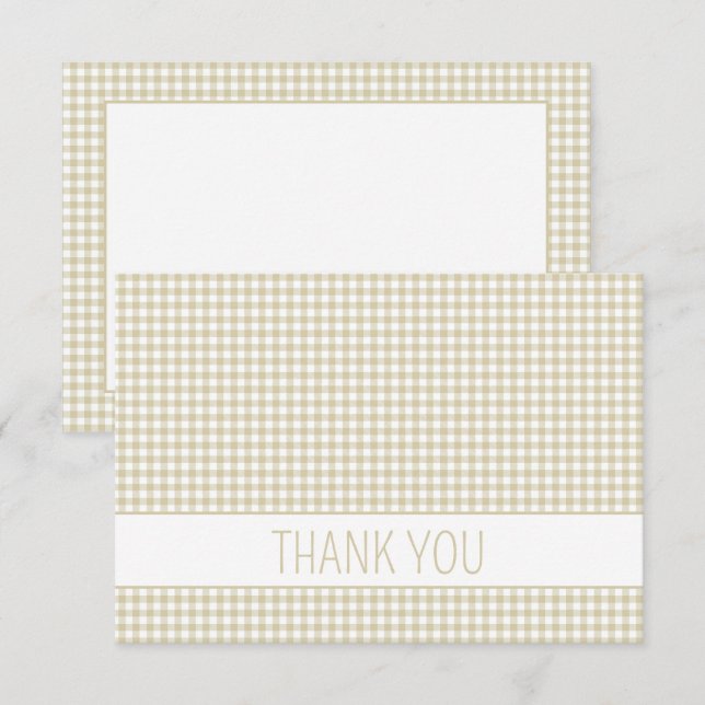 Beige und White Gingham Kariert Personalisiert Dankeskarte (Vorne/Hinten)