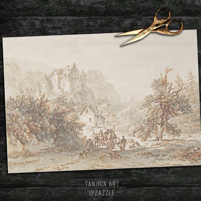 Beige Vintage Kunst Jagd Pferde und Hunde Seidenpapier (Von Creator hochgeladen)