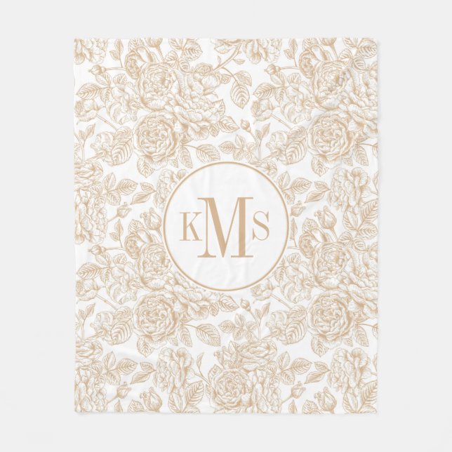 Beige Vintage Rose Blume Muster Fleecedecke (Vorderseite)