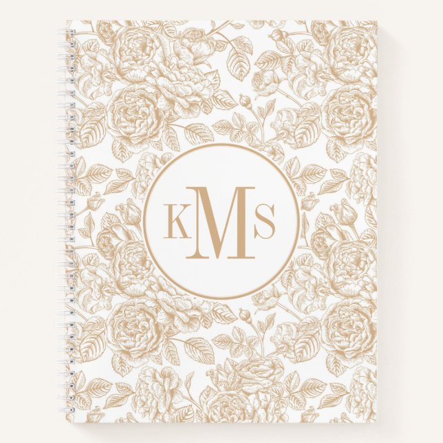 Beige Vintage Rose Blume Muster Notizbuch (Vorderseite)